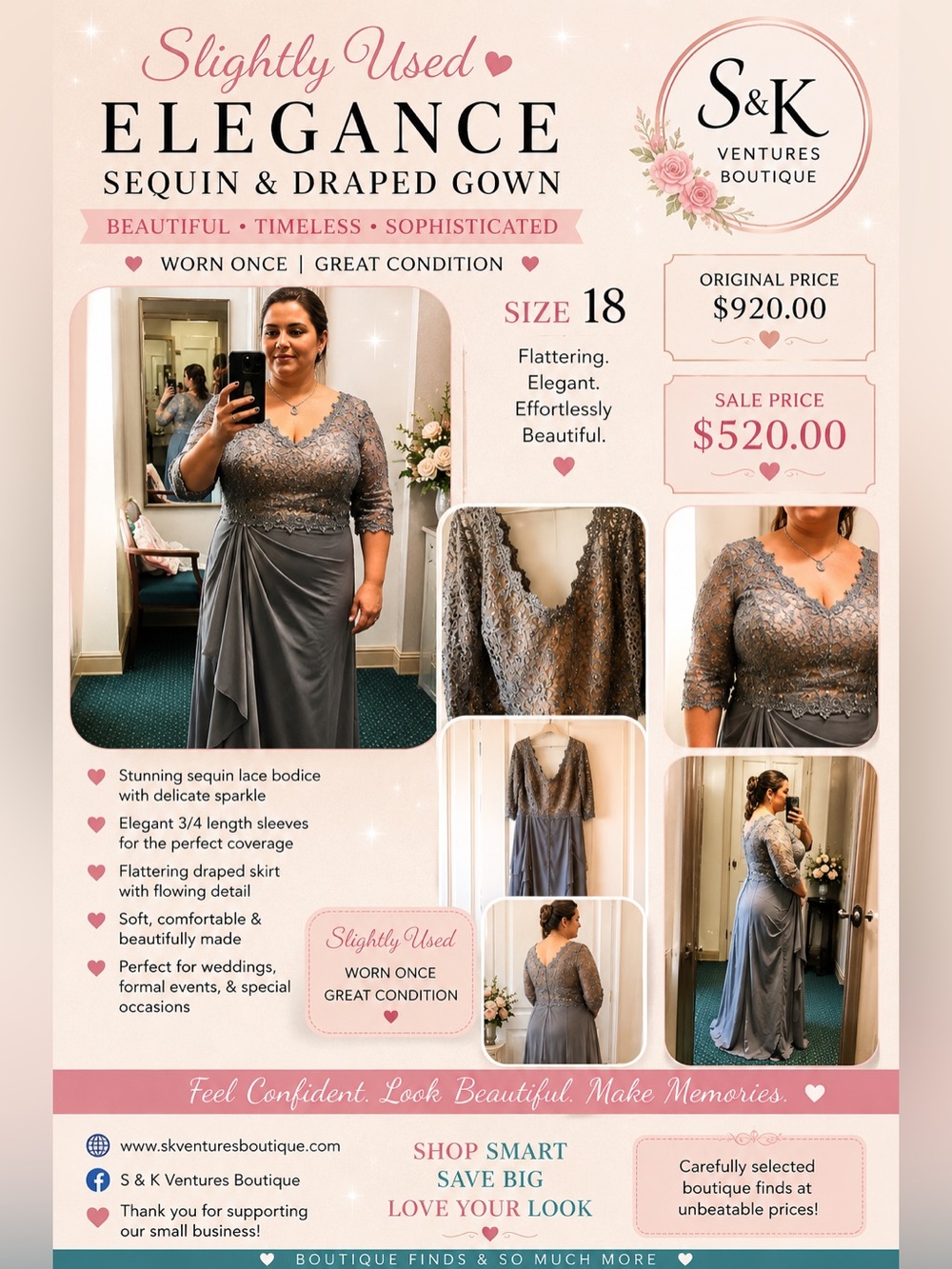 Timeless Elegance Silver Sequin & Draped Formal Gown – Size 18